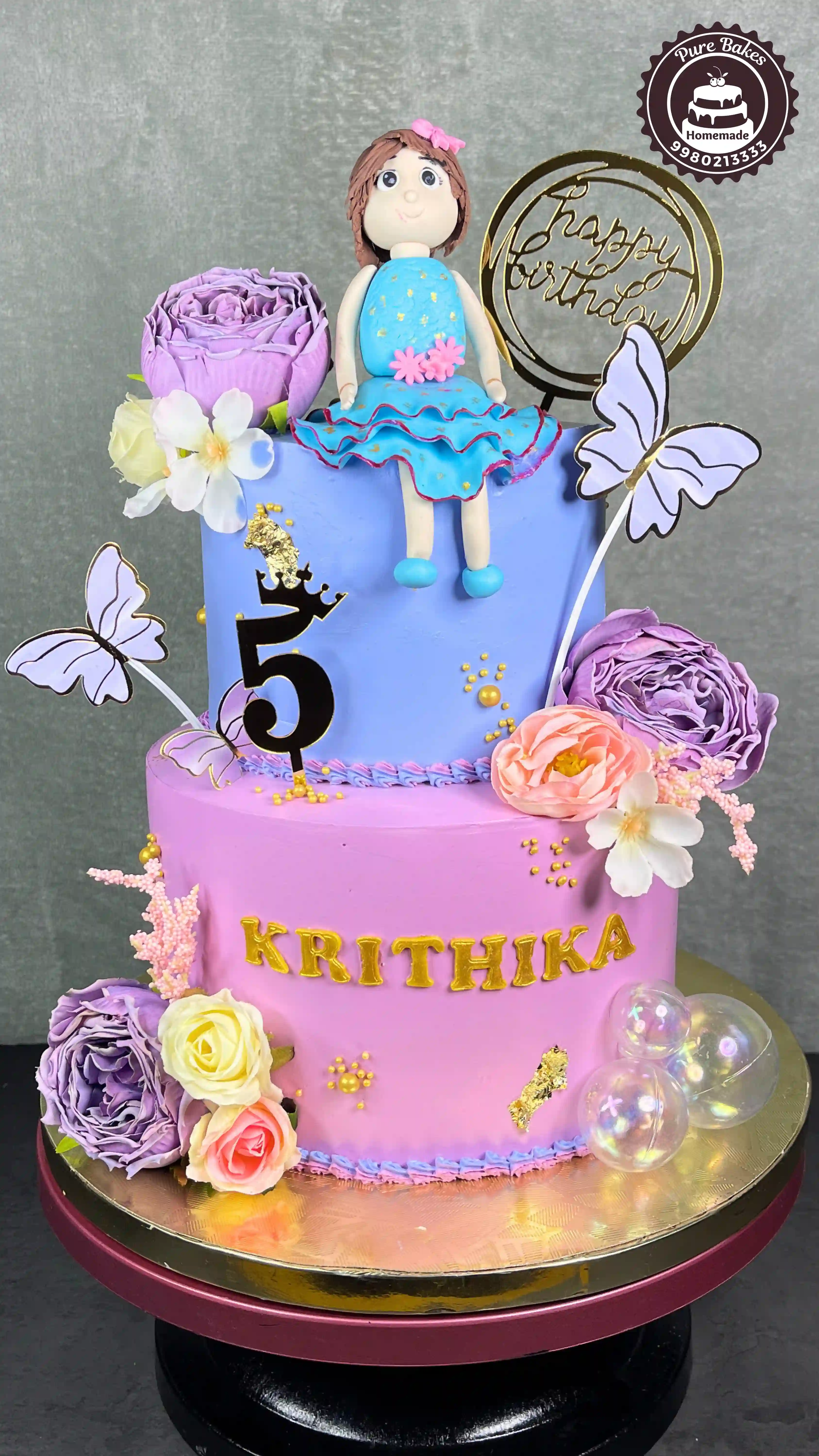 Pastel Doll Birthday Cake with Butterflies and Flowers